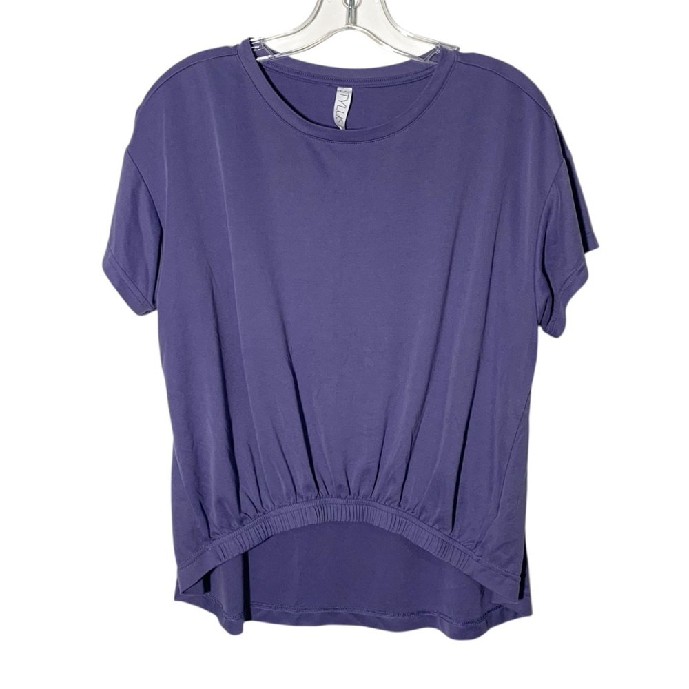 Stylus Women Blue Hi Low  Top Large Short Sleeve Blouse Shirt Pleated